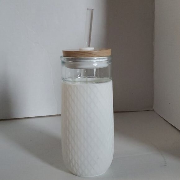 Ello Devon Glass Container Tumbler White Silicone Sleeve Wooden Lid Straw 18 OZ - Picture 4 of 15